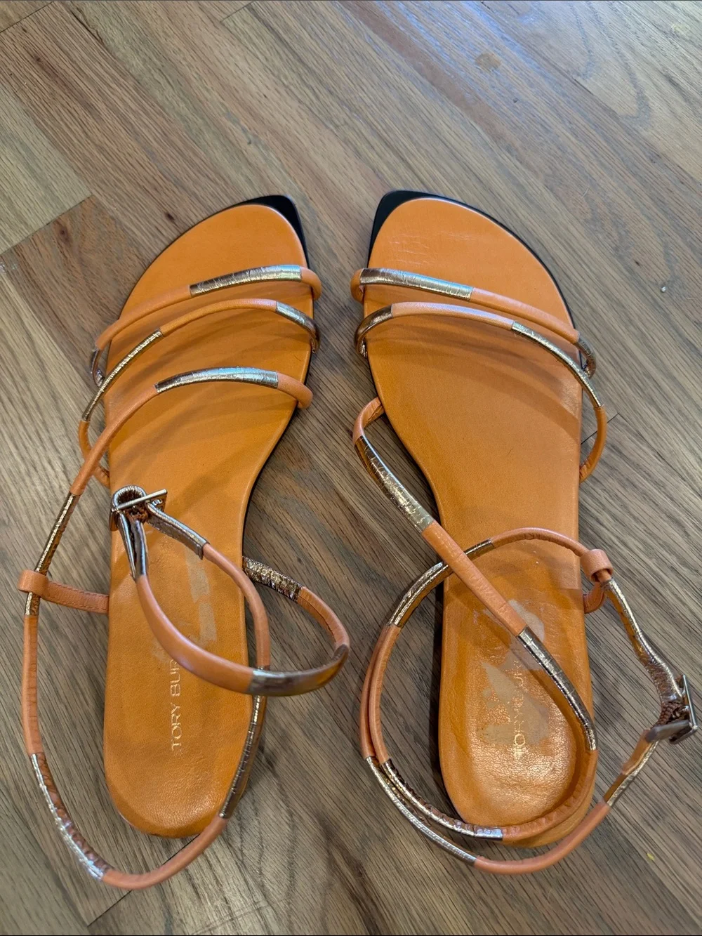 Tory Burch Orange and Gold Multi-Strap Flat Sandals